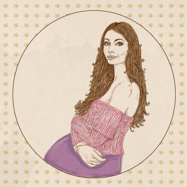 Pembe kazaklı, uzun kahverengi saçlı hamile bir kadın.,