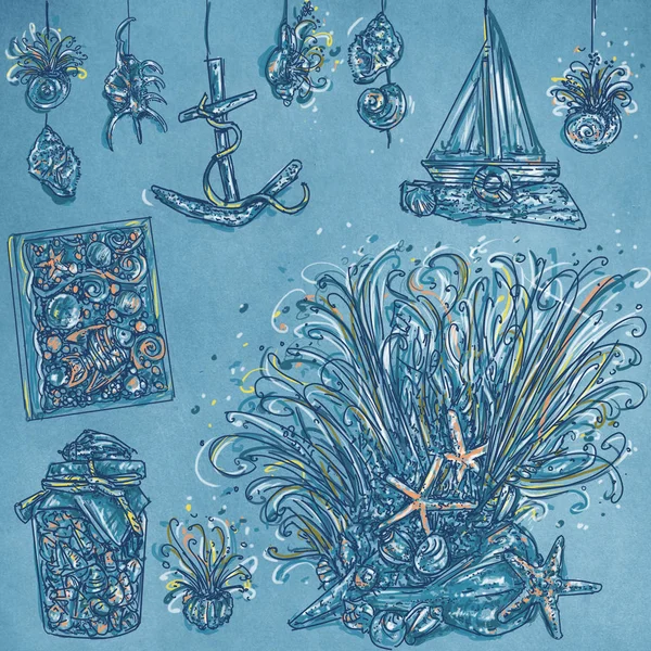 Desenhos realistas do objecto marinho e pescadores Com uma estrela-do-mar, conchas e bússola — Fotografia de Stock