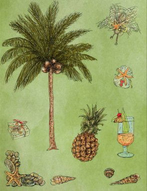 palmiye ve tropikal öğeleri vintage kumaş için tasarlanmış