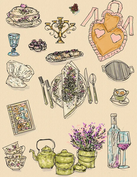 Realistische tekeningen op het stuk van de keuken en voedselpunten, pictogrammen, — Stockfoto