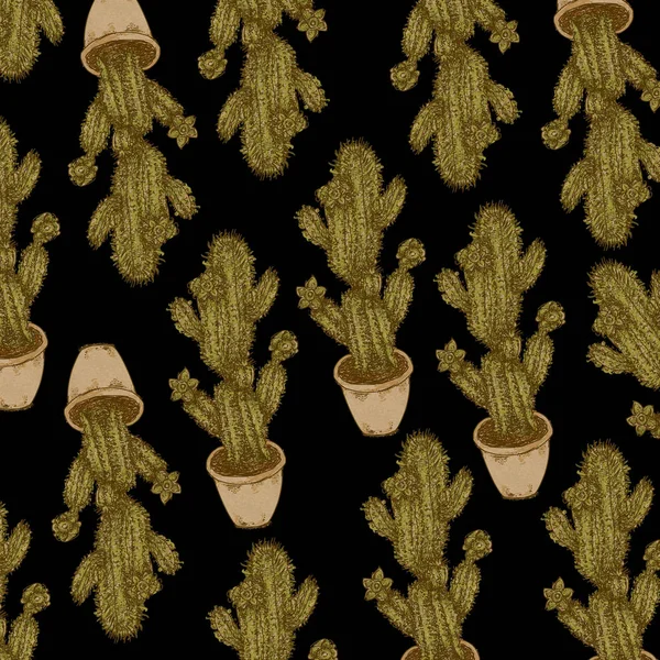 Kaktus, gröna växter i vas designad för vintage tyg — Stockfoto