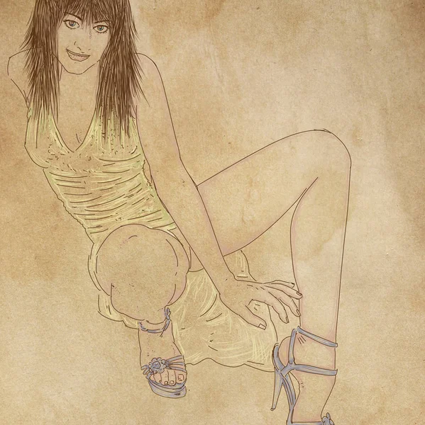 Cartone animato di una ragazza che avvolge le scarpe con un tacco, vestito in abito da sera — Foto Stock