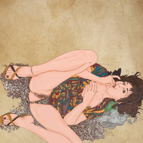 Sexy und erotische Frau auf dem Bett liegend mit Blumenaufsatz — Stockfoto