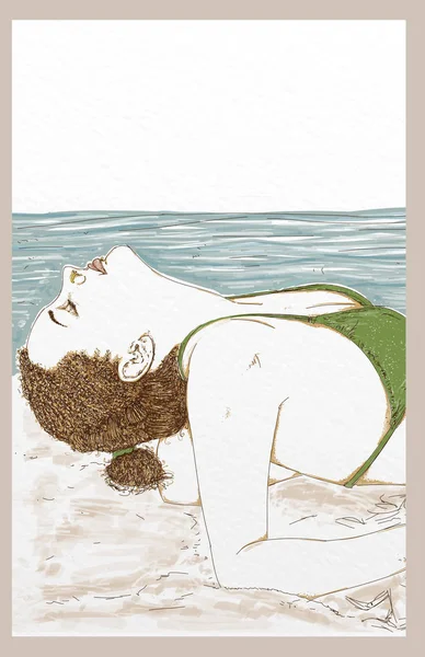 Πορτρέτο του ένα νεαρό κορίτσι προφίλ στη θάλασσα, το πράσινο κοστούμι με τρίχα στα μαλλιά της — Φωτογραφία Αρχείου