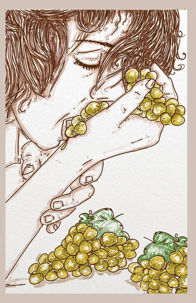 sensual woman, lying down that bites grapes of grapes