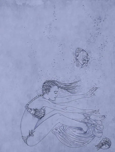 drawing of a woman swimming with marine elements and bubbles,woman immersed,