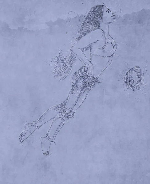 绘制一个女人游泳与海洋元素和气泡 妇女沉浸 — 图库照片