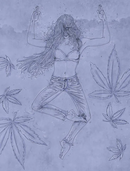 Zeichnung Einer Frau Die Mit Marinen Elementen Und Blasen Schwimmt — Stockfoto
