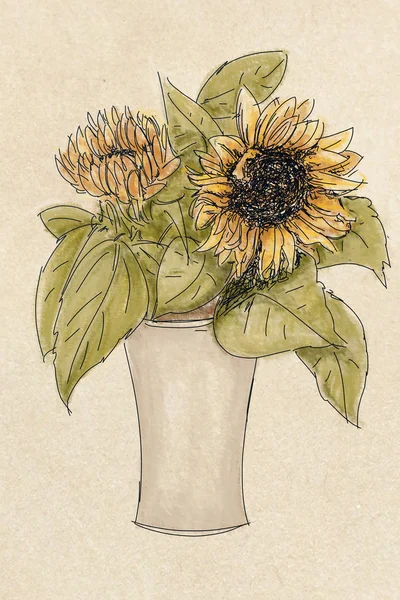 Due Girasoli Vaso Illustrazione Botanica Con Fiori Foglie Decorazione Floreale — Foto Stock