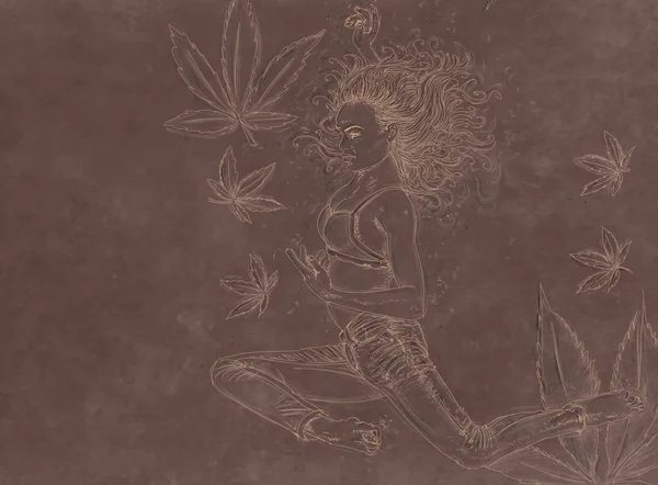 Zeichnung Einer Frau Die Mariuanablätter Schwimmt — Stockfoto