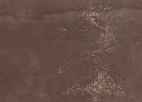 Малюнок Жінки Плаває Морськими Елементами Бульбашками Жінка Занурюється — стокове фото