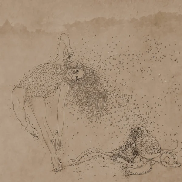 drawing of a woman swimming with marine elements and bubbles,woman immersed,