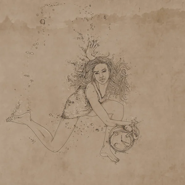 drawing of a woman swimming with an alarm clock