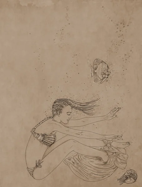 drawing of a woman swimming with marine elements and bubbles,woman immersed,