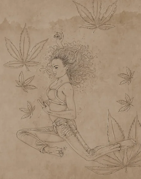 Рисунок Женщины Плавающей Листья Мариуаны — стоковое фото