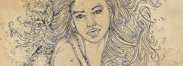 Πανό Πρότυπα Ζωγραφιά Μιας Γυναίκας Που Κολυμπά Σχεδιασμό Παλιάς Χρονολογίας — Φωτογραφία Αρχείου