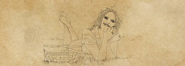 Женщина Лежит Траве Корзиной Яблок — стоковое фото
