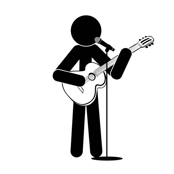 Stick άνθρωπος στέκεται, παίζει κιθάρα, τραγουδάει σε ένα μικρόφωνο — Διανυσματικό Αρχείο