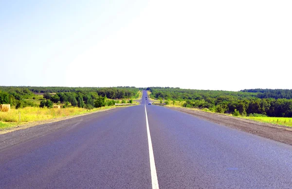 Estrada de asfalto através do campo verde — Fotografia de Stock