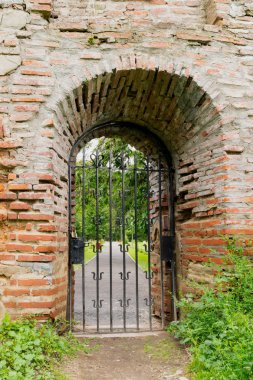 Kapalı ve kilitli demir kapı eski tuğla duvarda