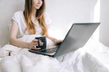 Genç, güzel, serbest çalışan, sarışın, güneşli bir günde dizüstü bilgisayarla yatakta çalışan bir kız.