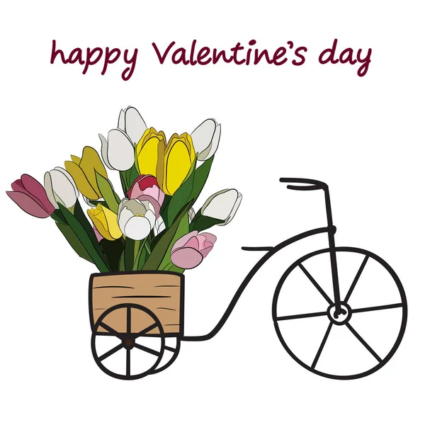 Brouette, panier plein de tulipes. Carte Saint-Valentin . — Image vectorielle