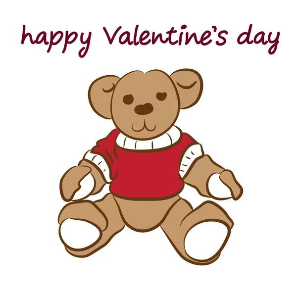 Ours en peluche vêtu d'un pull rouge. Carte Saint-Valentin . — Image vectorielle