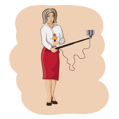 Meslek: muhabir düz tasarım, vektör. Solo gazeteci selfie kamera kameraman işleci yerine sopa ve telefon raporlama.