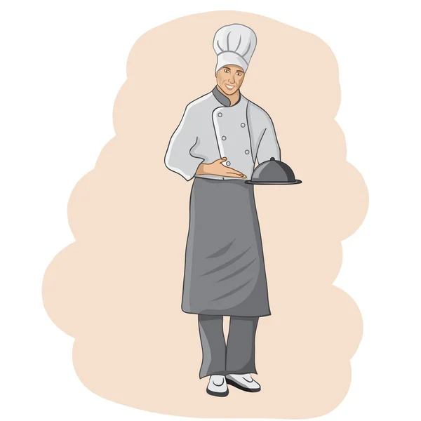 Профессия: Шеф-повар ресторана. Милый повар в униформе держит блюдо изолированы на белом . — стоковый вектор