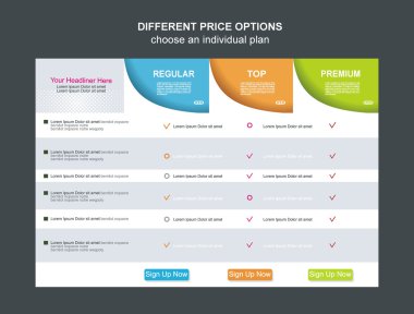 Çevrimiçi hizmetler için ödeme planları 3 ile fiyat listesi widget