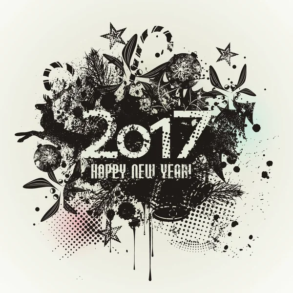 Plantilla grunge Feliz año nuevo 2017 Diseño con salpicaduras de tinta . — Archivo Imágenes Vectoriales