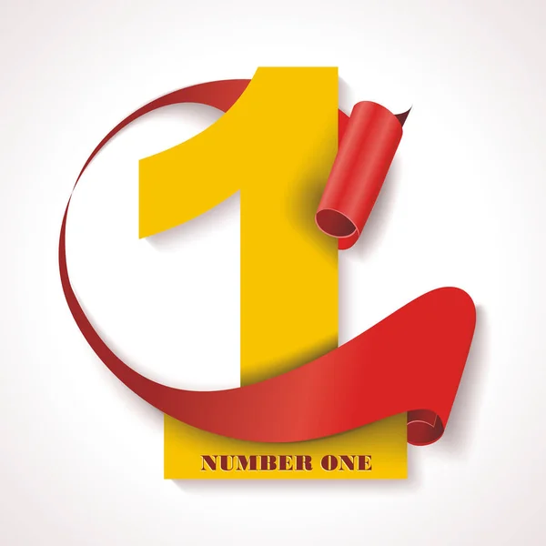 Number one, gele numerieke met rode gerold lint — Stockvector