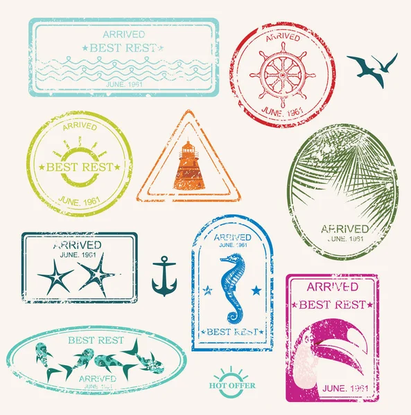 Conjunto de selos e carimbos postais isolados sobre fundo branco , —  Vetores de Stock