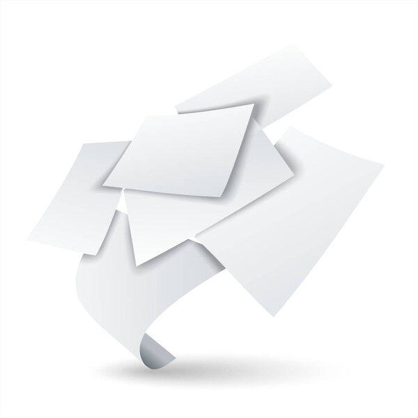 Flying paper pile, clean sheets chaos, vector illustration.