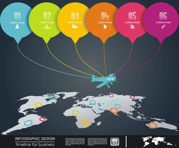 Mapa świata streszczenie z samolotu i kolor naklejki. Wektor temp — Wektor stockowy