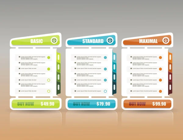 Widget de lista de preços com 3 planos de pagamento para serviços online — Vetor de Stock