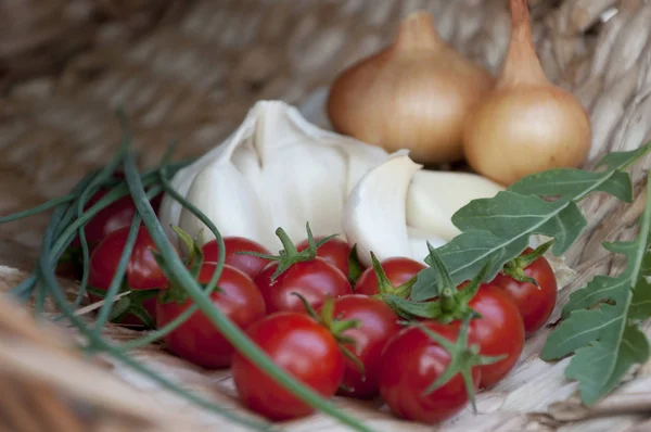 Tomat dengan sayuran dan herbal yang berbeda — Stok Foto