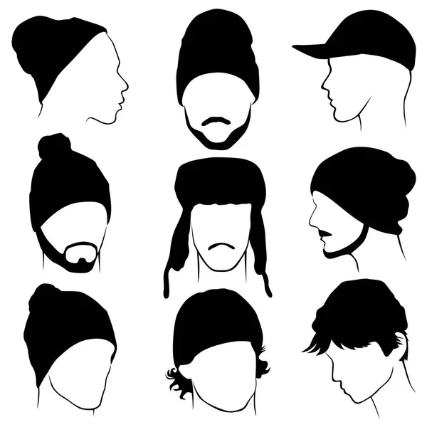 Manliga huvuden i olika hattar — Stock vektor