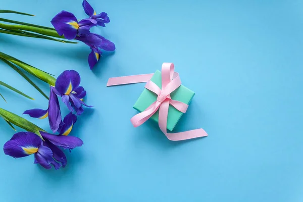 Gift and three irises on blue background — Stock Photo, Image