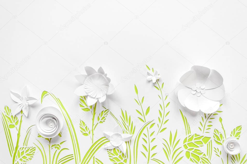 Summer flowering meadow. White flowers carved from paper on a white background with green leaves