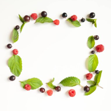 Taze nane yaprakları ve Kırmızı Ahududu ve siyah kompozisyonu