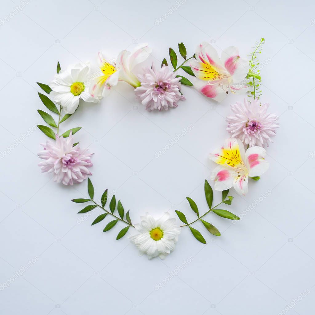 Frame of chamomiles, branches, leaves and lilac petals on white background. Flat lay, top view