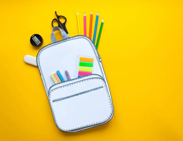 Creative school bag made of paper with school stationery. Close up. — Stock Photo, Image