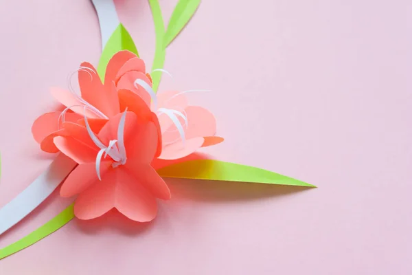 frame with color paper flowers on the pink background. Flat lay. Nature concept