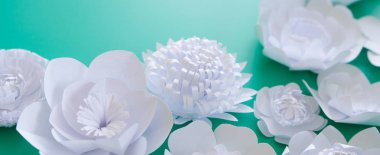 Merhaba bahar. Beyaz kağıt çiçekler ve yapraklarla