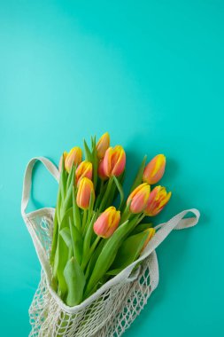 Nane arkaplanda taze sarı-kırmızı laleler. Tatil kavramı