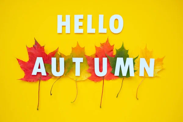Napis Hello Autumn Jesienią Pozostawia Czerwone Pomarańczowe Żółte Żółte Tło — Zdjęcie stockowe