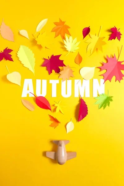 Holzspielzeug Flugzeug Trägt Schriftzug Herbst Mit Blättern Aus Papier Fallen — Stockfoto