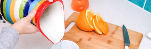 Boy Pours Water Jug White Ceramic Mug — Stock Photo, Image