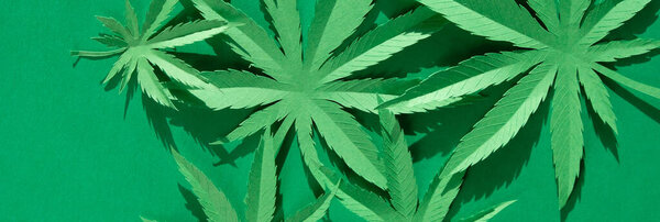Лист конопли, вырезанный из бумаги на зеленом фоне. Символ
.